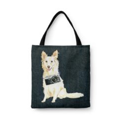 White Collie Dog Denim Style Tote Bag 33 denim dogs tote white collie dark denim front view white