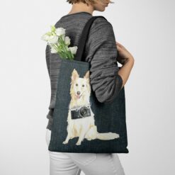 White Collie Dog Denim Style Tote Bag 38 denim dogs tote white collie dark denim tote woman jumper walking view