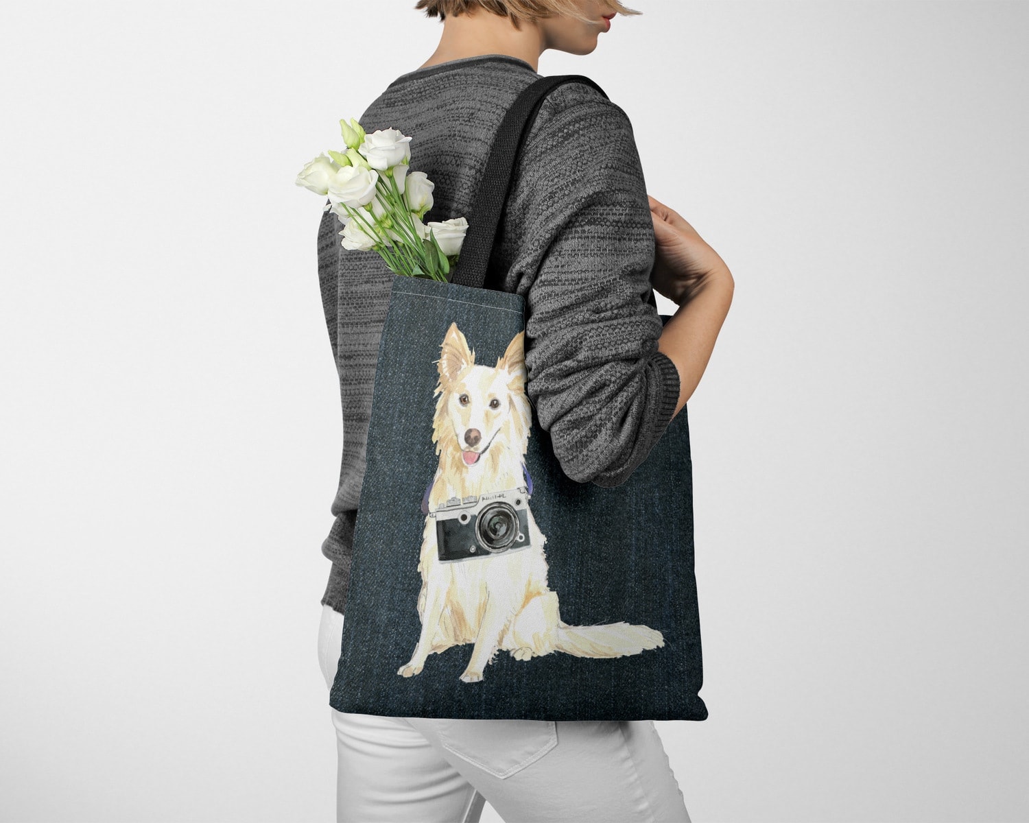 White Collie Dog Denim Style Tote Bag 13 White Collie Dog Denim Style Tote Bag - Image 11