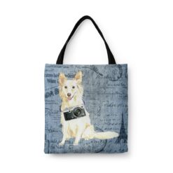 White Collie Dog Denim Style Tote Bag