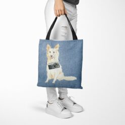 White Collie Dog Denim Style Tote Bag 40 denim dogs tote white collie gently faded denim tote woman trowsers walking view