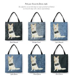 White Collie Dog Denim Style Tote Bag 29 denim dogs tote white collie variations