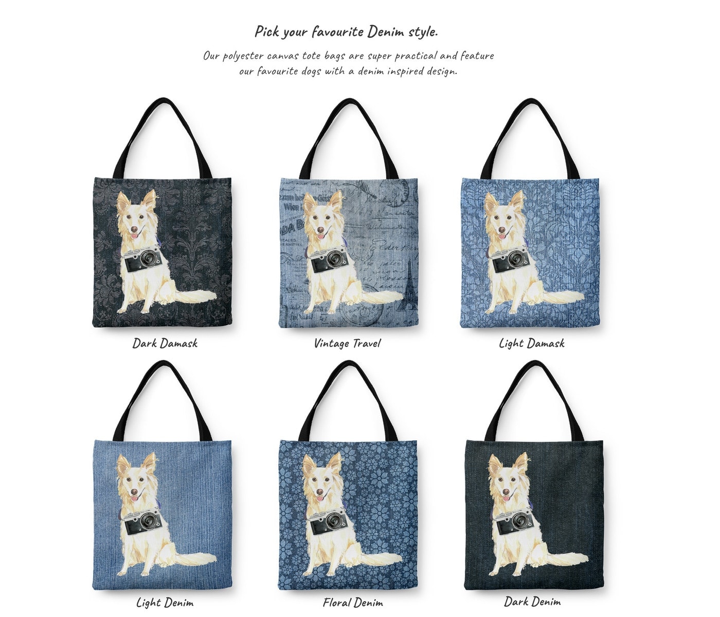 White Collie Dog Denim Style Tote Bag 4 White Collie Dog Denim Style Tote Bag - Image 2