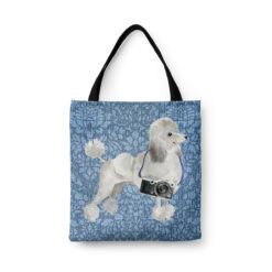White poodle Dog Denim Style Tote Bag 31 denim dogs tote white poodle bleached damask denim front view white