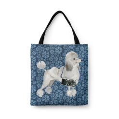 White poodle Dog Denim Style Tote Bag 34 denim dogs tote white poodle daisy denim front view white