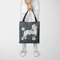 White poodle Dog Denim Style Tote Bag 37 denim dogs tote white poodle dark damask denim tote woman trowsers front view