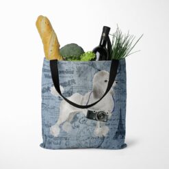White poodle Dog Denim Style Tote Bag 39 denim dogs tote white poodle faded ephemera denim tote standing food