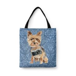 denim dogs tote yorkshire terrier bleached damask denim front view white