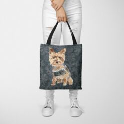 denim dogs tote yorkshire terrier dark damask denim tote woman trowsers front view