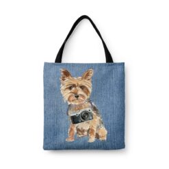 denim dogs tote yorkshire terrier gently faded denim front view white