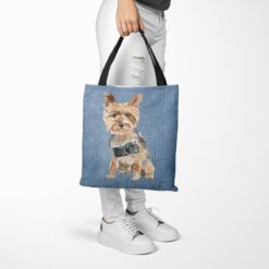 denim dogs tote yorkshire terrier gently faded denim tote woman trowsers walking view