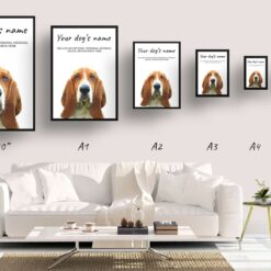 Basset Hound personalised dog print painting. Framed & un-framed wall art 15 dog paintings prints basset hound print size comparison