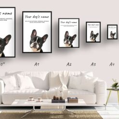 Black and white french bulldog personalised dog print painting. Framed & un-framed wall art 15 dog paintings prints black and white french bulldog print size comparison
