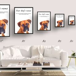 Boxer personalised dog print painting. Framed & un-framed wall art 15 dog paintings prints boxer print size comparison