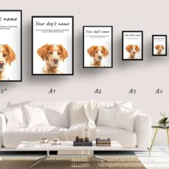 Brittany personalised dog print painting. Framed & un-framed wall art 14 dog paintings prints brittany print size comparison