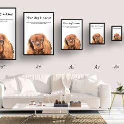 Brown Cavalier King Charles Spaniel personalised dog print painting. Framed & un-framed wall art 10 dog paintings prints brown cavalier king charles print size comparison