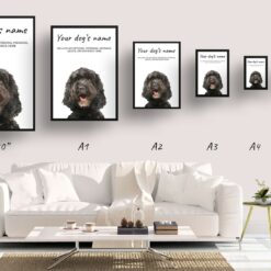 Brown Cockapoo personalised dog print painting. Framed & un-framed wall art 15 dog paintings prints brown cockapoo print size comparison