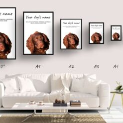 Brown Cocker Spaniel personalised dog print painting. Framed & un-framed wall art 15 dog paintings prints brown cocker spaniel print size comparison