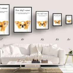 Chihuahua personalised dog print painting. Framed & un-framed wall art 15 dog paintings prints chihuahua print size comparison