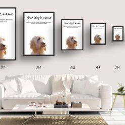 Cockapoo personalised dog print painting. Framed & un-framed wall art 14 dog paintings prints cockapoo print size comparison