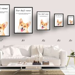 Corgi personalised dog print painting. Framed & un-framed wall art 15 dog paintings prints corgi print size comparison
