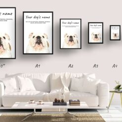 English Bulldog personalised dog print painting. Framed & un-framed wall art 15 dog paintings prints english bulldog print size comparison