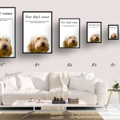 Golden Doodle personalised dog print painting. Framed & un-framed wall art 14 dog paintings prints golden doodle print size comparison