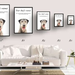 Irish Wolf Hound personalised dog print painting. Framed & un-framed wall art 14 dog paintings prints irish wolf hound print size comparison