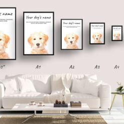 Labradoodle personalised dog print painting. Framed & un-framed wall art 14 dog paintings prints labradoodle print size comparison