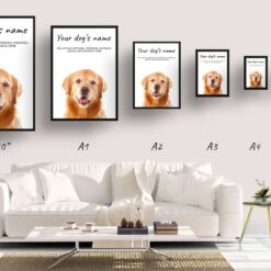 Golden Retriever personalised dog print painting. Framed & un-framed wall art 10 dog paintings prints labrador retriever print size comparison