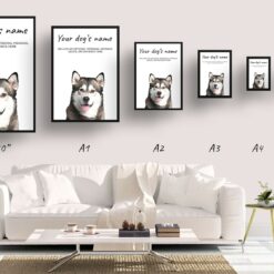 Malamute personalised dog print painting. Framed & un-framed wall art 14 dog paintings prints malamute print size comparison