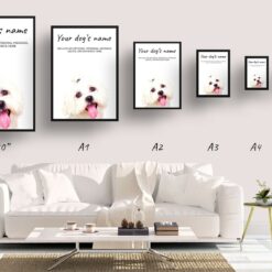 Maltese personalised dog print painting. Framed & un-framed wall art 14 dog paintings prints maltese print size comparison