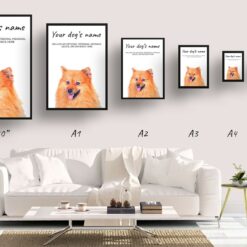 Pomeranian personalised dog print painting. Framed & un-framed wall art 15 dog paintings prints pomeranian print size comparison