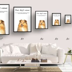 Shetland Sheepdog personalised dog print painting. Framed & un-framed wall art 14 dog paintings prints shetland sheepdog print size comparison