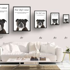 Staffordshire Bull Terrier personalised dog print painting. Framed & un-framed wall art 14 dog paintings prints staffordshire bull terrier print size comparison