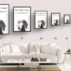 Weimaraner personalised dog print painting. Framed & un-framed wall art 14 dog paintings prints weimaraner print size comparison