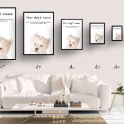 Westie personalised dog print painting. Framed & un-framed wall art 15 dog paintings prints westie print size comparison