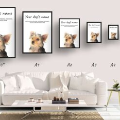 Yorkshire Terrier personalised dog print painting. Framed & un-framed wall art 14 dog paintings prints yorkshire terrier print size comparison