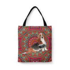 Basset Hound Travel Style Tote Bag 33 travel dogs tote basset hound mandala front view White