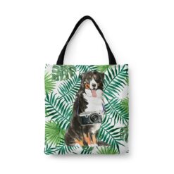 travel dogs tote bernese mountain dog leaves front view White