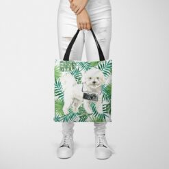 Bichon Frise Travel Style Tote Bag 35 travel dogs tote bichon frise leaves tote woman trowsers front view