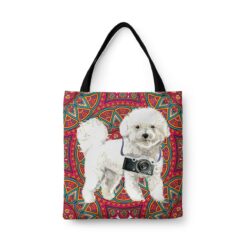 Bichon Frise Travel Style Tote Bag 34 travel dogs tote bichon frise mandala front view White