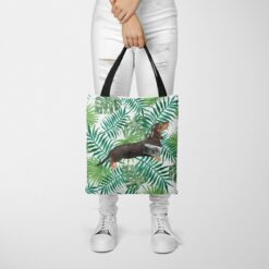 Black & Tan Dachshund Travel Style Tote Bag 35 travel dogs tote black tan dachshund leaves tote woman trowsers front view
