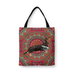 Black & Tan Dachshund Travel Style Tote Bag 34 travel dogs tote black tan dachshund mandala front view White