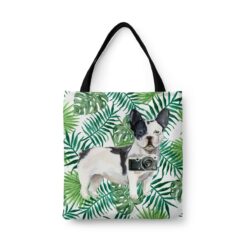 Black&white French bulldog Travel Style Tote Bag 33 travel dogs tote blackwhite french bulldog leaves front view White