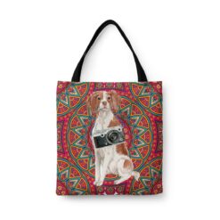 Brittany Travel Style Tote Bag 34 travel dogs tote brittany mandala front view White