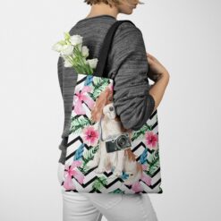 Cavalier King Charles Spaniel Travel Style Tote Bag 40 travel dogs tote cavalier king charles spaniel geometric tropical tote woman jumper walking view