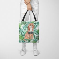 travel dogs tote cavapoo leaves tote woman trowsers front view