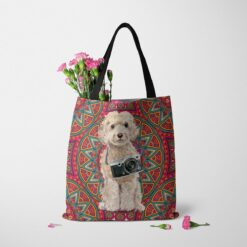 travel dogs tote champagne cockapoo mandala tote standing carnations