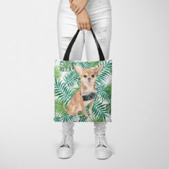 travel dogs tote chihuahua leaves tote woman trowsers front view